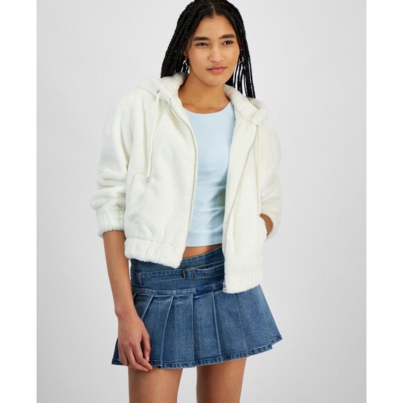 Planet Heart Juniors' Faux-Fur Cozy Zip-Front Jacket -  Egret, XS - Picture 1 of 2